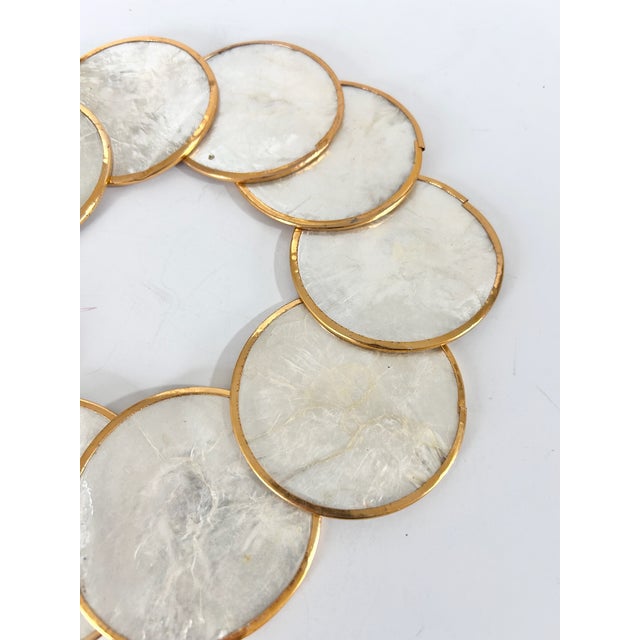 Hollywood Regency Vintage Capiz Shell Hollywood Regency Brass Coasters - Set of 10 For Sale - Image 3 of 10
