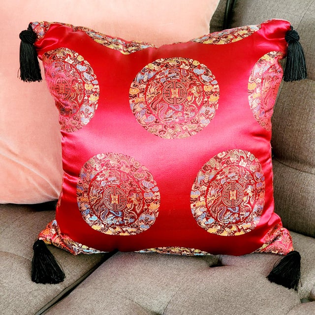 Asian Red Satin Silk Jacquard Decorative Knotted Tassel Pillow For Sale In New York - Image 6 of 9