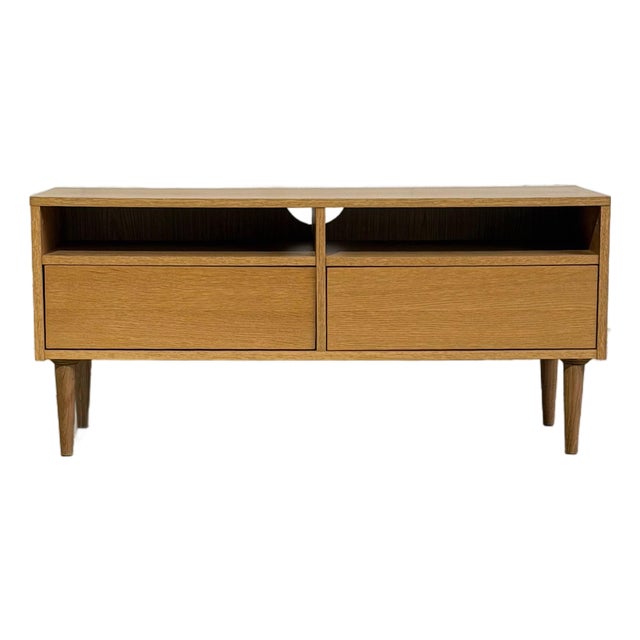 Vintage Danish Modern Oak Media Console / Low Tv Stand With Drawers For Sale