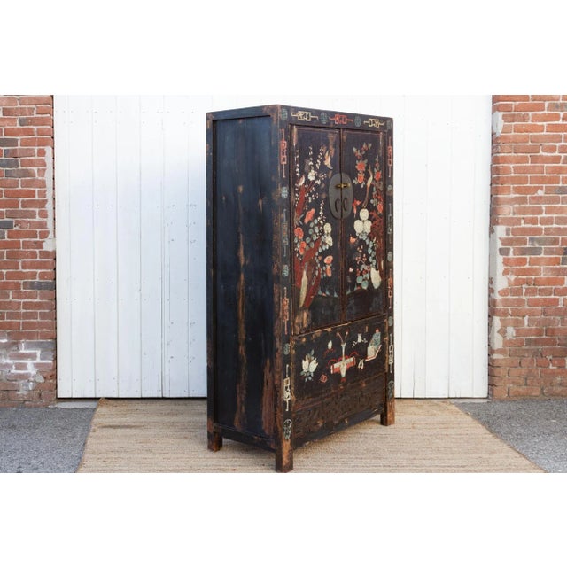 Antique Black & Floral Chinoiserie Armoire For Sale In Los Angeles - Image 6 of 11