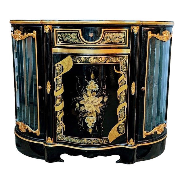 Vintage Victorian Credenza Marquetry Display Cabinet Carved and Painted by Hand For Sale