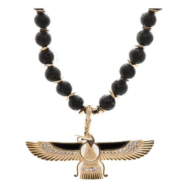 Guidance Faravahar Symbol Pendant Black Beaded Necklace For Sale