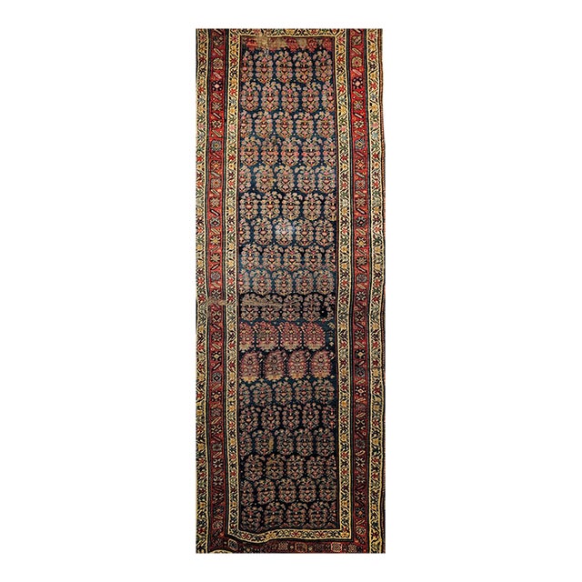 19th Century Persian Bidjar Runner, Hand-Knotted Wool, Allover Paisley Pattern, Blue & Red, 3x9 For Sale