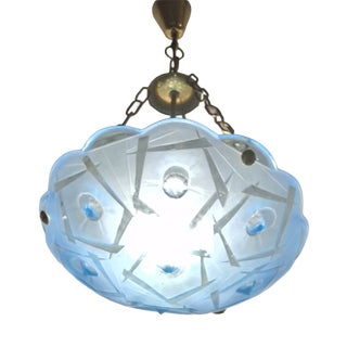 Art Deco French Ceiling Lamp in Blue Glass with Brass Mounting, 1930s For Sale