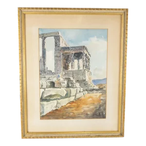 Watercolor and Ink Architectural Study Painting of Classical Ruins
