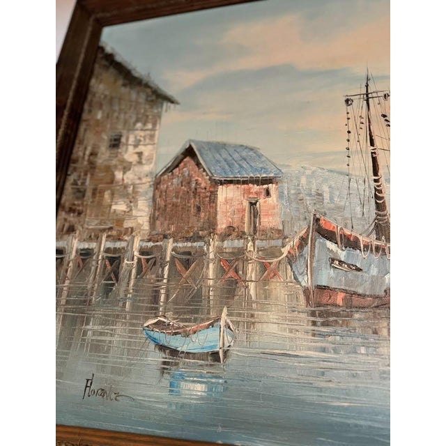 Coastal Vintage Coastal Harbor Oil Painting – Wood Frame For Sale - Image 3 of 5