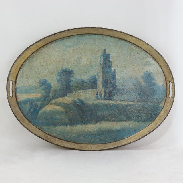 Vintage Hand Painted Tole Tray Blue and Cream Oval Landscape With Tower Architecture For Sale - Image 16 of 16