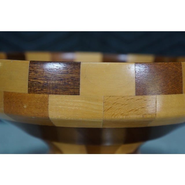 Brown Vintage Segmented Turned Wood Parquetry Fruit Centerpiece Pedestal Bowl 9" For Sale - Image 8 of 10