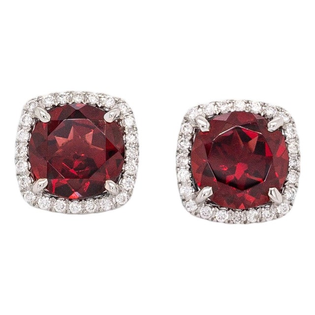 Cosette Solid 14k White Gold Garnet Stud Earrings With Natural Diamond Halo, Pair For Sale