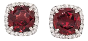 Cosette Solid 14k White Gold Garnet Stud Earrings With Natural Diamond Halo, Pair