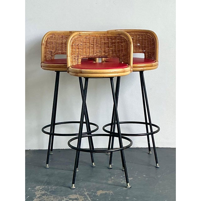 Vintage Rattan and Metal Bar Stools - Set of 3 For Sale - Image 14 of 14