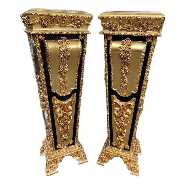 1990 French Louis XVI Gold Black Beech Wood Marble Pedestals Pair For Sale