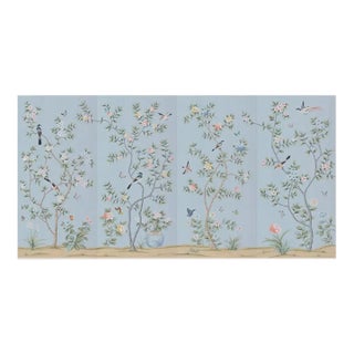 36"*72"/Panel, a Set of 4 Panels Light Blue Chinoiserie Birds and Flowers Artwork (No Frame),Tea Paper For Sale
