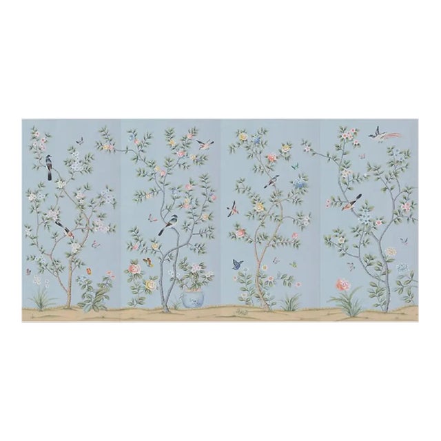 36"*72"/Panel, a Set of 4 Panels Light Blue Chinoiserie Birds and Flowers Artwork (No Frame),Tea Paper For Sale
