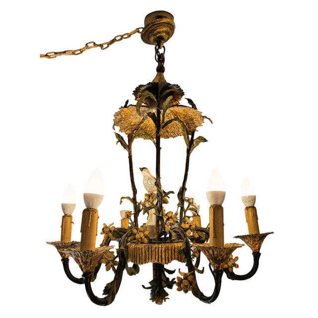 Gold Naturalistic Chandelier in Painted Sheet Metal and Saxon Porcelain, 1950s For Sale - Image 8 of 8