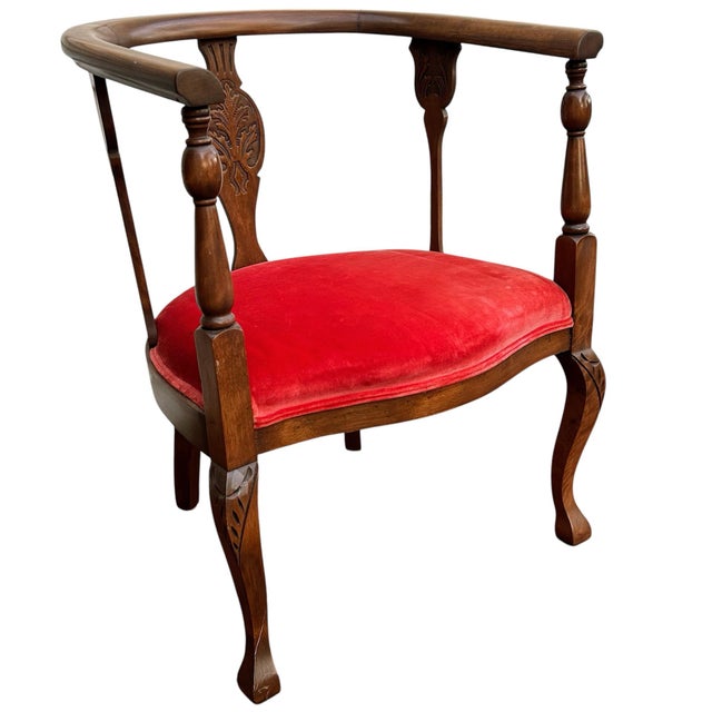 Antique Edwardian Mahogany Tub Chair With Red Suede Seat For Sale - Image 4 of 12