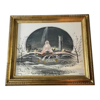 Vintage Signed Oropeza Buckingham Fountain Chicago Cityscape Painting For Sale