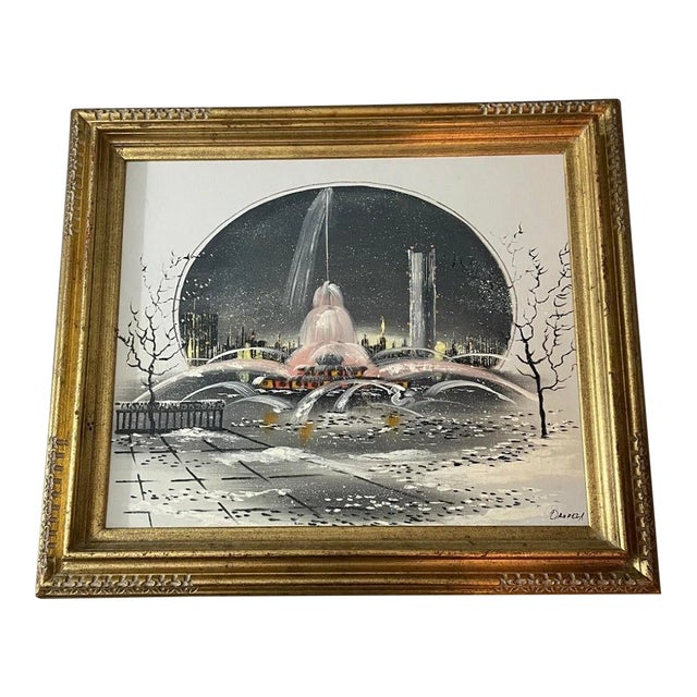 Vintage Signed Oropeza Buckingham Fountain Chicago Cityscape Painting For Sale