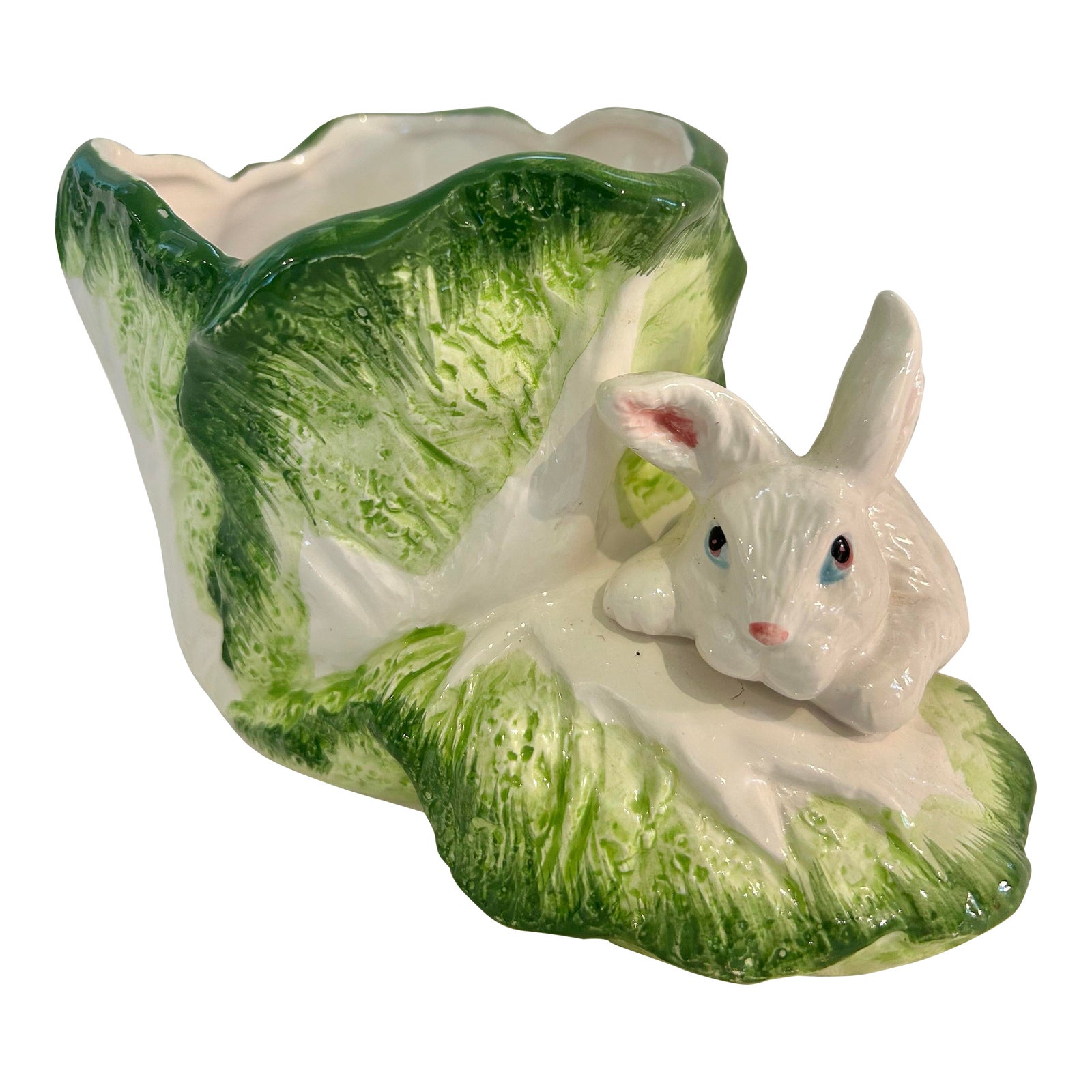 Vintage Ceramic Bunny Rabbit and Cabbage Leaf Majolica Style Planter ...