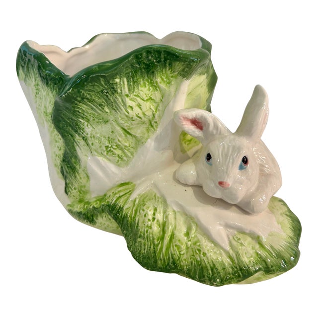 Vintage Ceramic Bunny Rabbit and Cabbage Leaf Majolica Style Planter For Sale