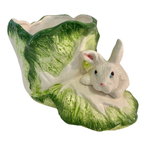 Vintage Ceramic Bunny Rabbit and Cabbage Leaf Majolica Style Planter