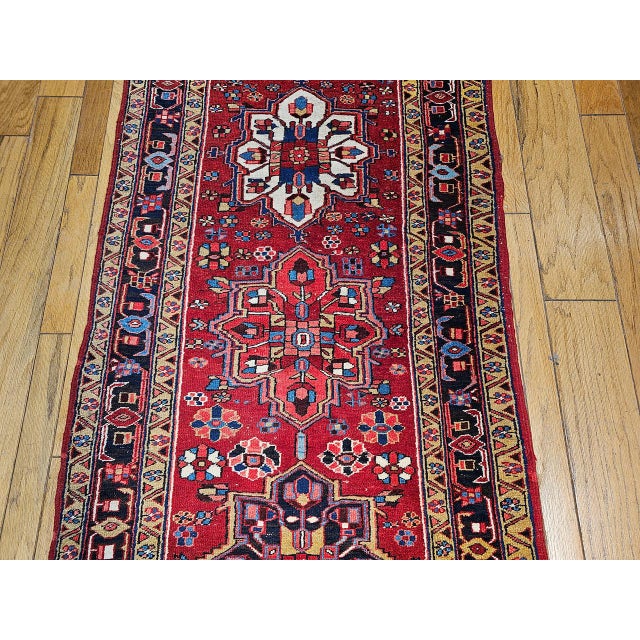 Vintage Persian Heriz Wide Runner, Hand-Knotted Wool, Geometric Design, Red & Navy, 4x12 For Sale - Image 13 of 18