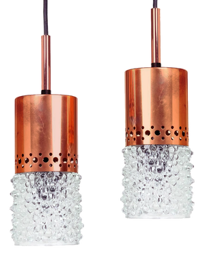 Copper and Bubble Glass Pendant Lights from VEB Narva Leuchten, 1970s, Set of 2