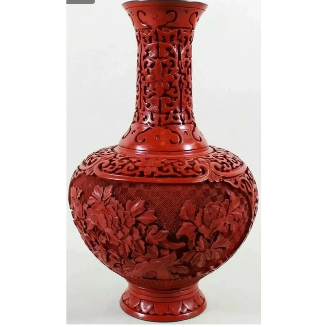 Asian Antique Chinese Cinnabar Vase Intricately Carved For Sale - Image 3 of 3