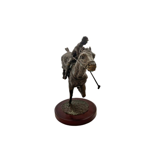 Late 20th Century Jockey on Horse Sculpture Vintage Metal Rider Equestrian Figurine on Wooden Base For Sale In Tulsa - Image 6 of 9