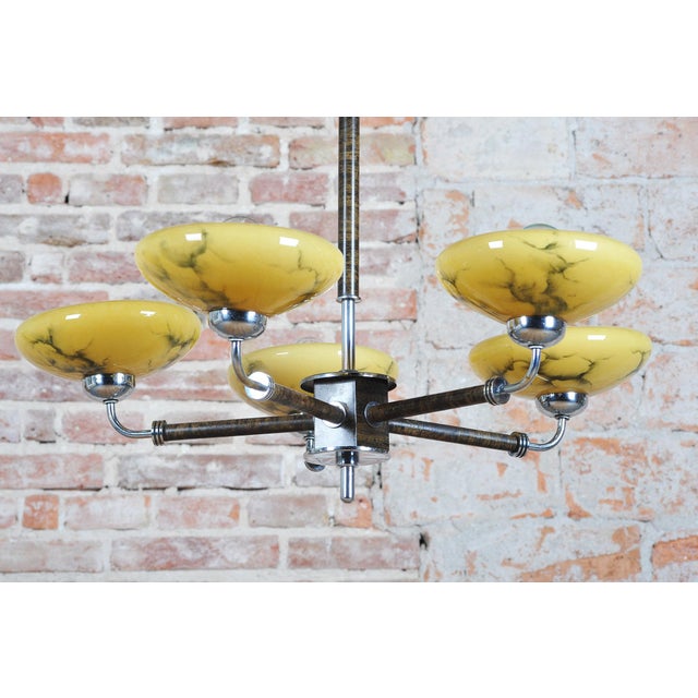 Art Deco Chandelier in Chrome, Beech, Walnut and Glass, Czech, 1920s For Sale - Image 3 of 13