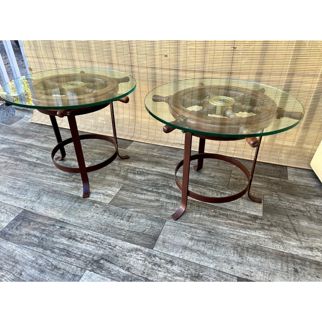 Brown A Pair of Vintage Handcrafted Ship's Wheel Glass Top Side Tables. Circa 1970s For Sale - Image 8 of 18