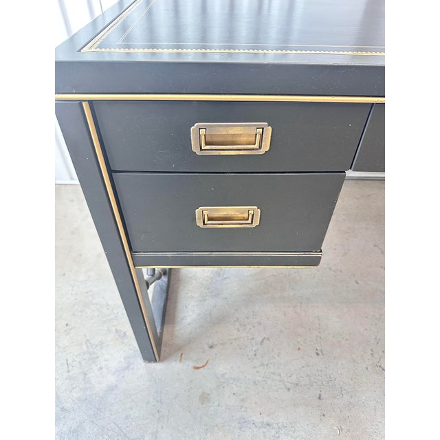 Late 20th Century Vintage Sligh Furniture Black Lacquer Campaign Desk With Gold-Tooled Leather Top & Faux Bamboo Base For Sale - Image 5 of 15