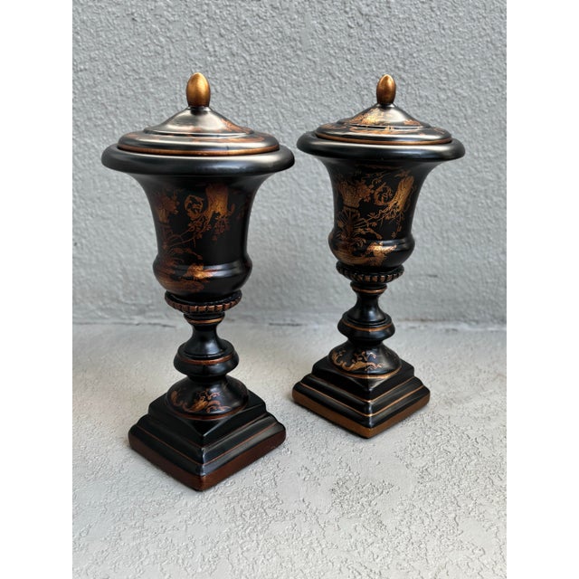 Ebony Black & Gold Vintage Decorative Urns – Set of Two For Sale - Image 8 of 18