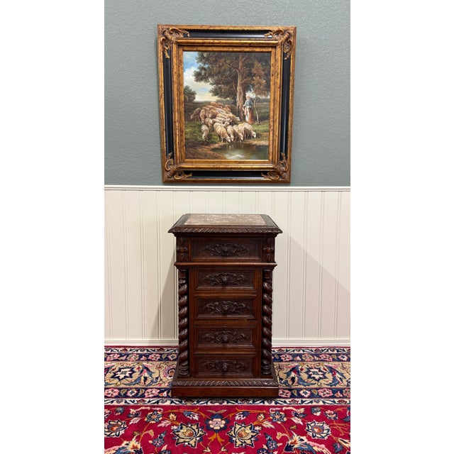 French Antique French Marble Top Chest Side or End Table Nightstand Barley Twist Oak For Sale - Image 3 of 18
