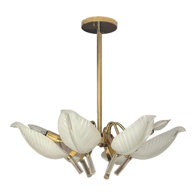 Mid 20th Century Italian Murano Six Glass Leaf Chandelier by Franco Luce. For Sale