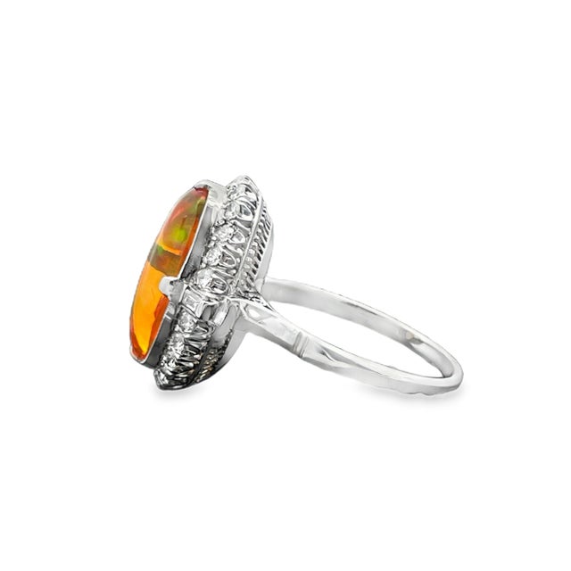 Platinum Oval Fire Opal Ring With Diamond Halo, Size 7 For Sale - Image 4 of 6