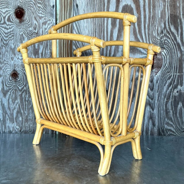 Vintage Coastal Rattan Newspaper Rack For Sale - Image 4 of 5