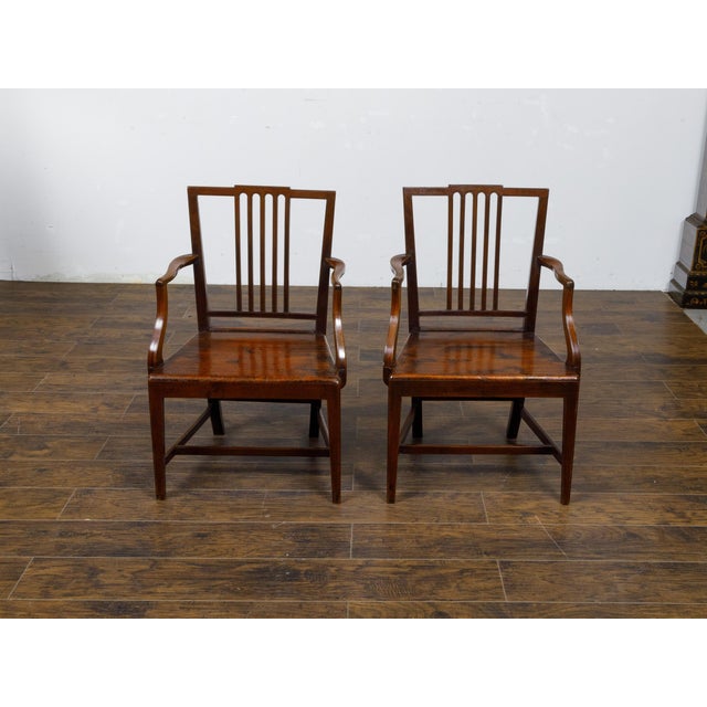 Pair of English Early 19th Century Plank Seat Chairs with Scrolling Arms For Sale - Image 4 of 12