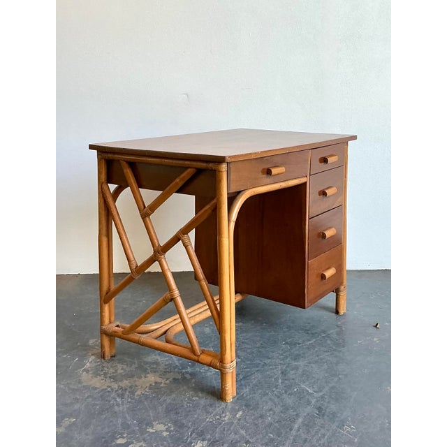 Vintage Chinese Chippendale Bamboo Writing Desk For Sale - Image 4 of 12