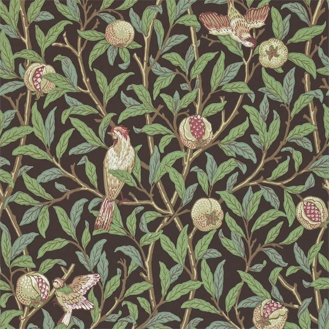 Morris & Co Bird & Pomegranate Wallpaper in Charcoal/Sage - a Sample For Sale