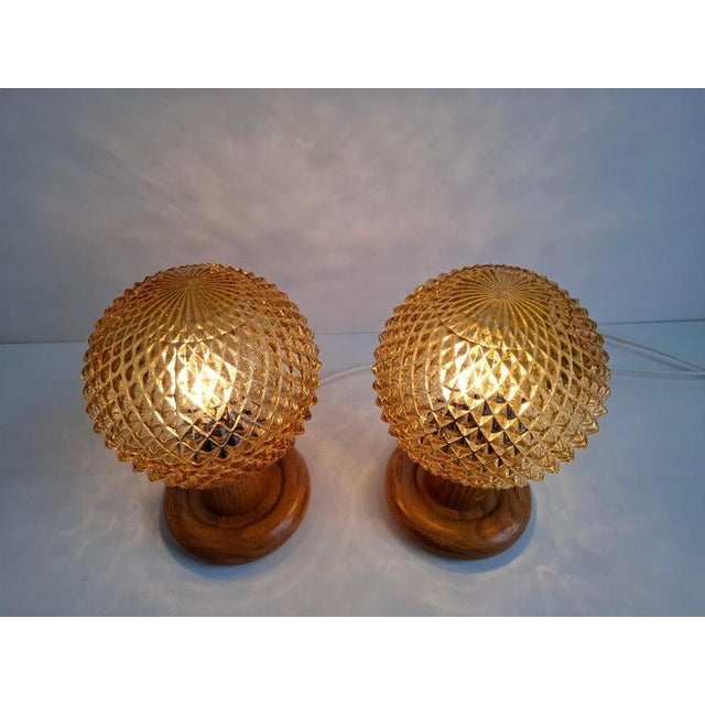 Mid-Century Modern Table Lamps with Amber Glass and Wood Base, Czechoslovakia, 1980, Set of 2 For Sale - Image 9 of 17