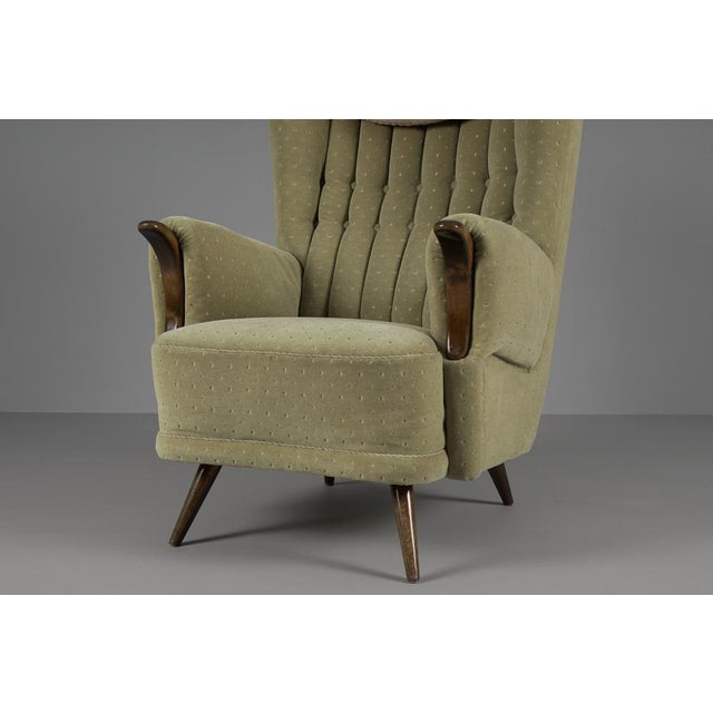 Brown Large Green Italian Wood & Fabric Wingback Armchair, 1950s For Sale - Image 8 of 15
