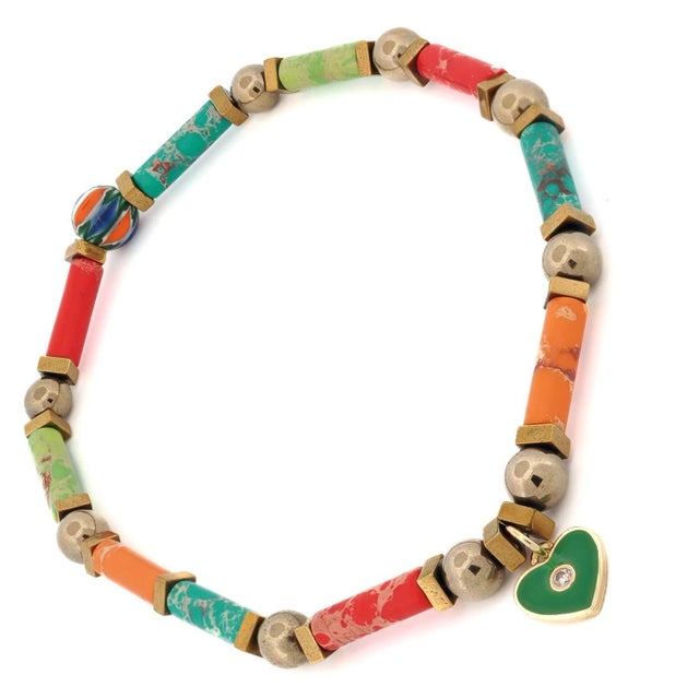 Early 21st Century Playful Spirit Gold Anklet with Jasper & Heart Charm For Sale - Image 5 of 6