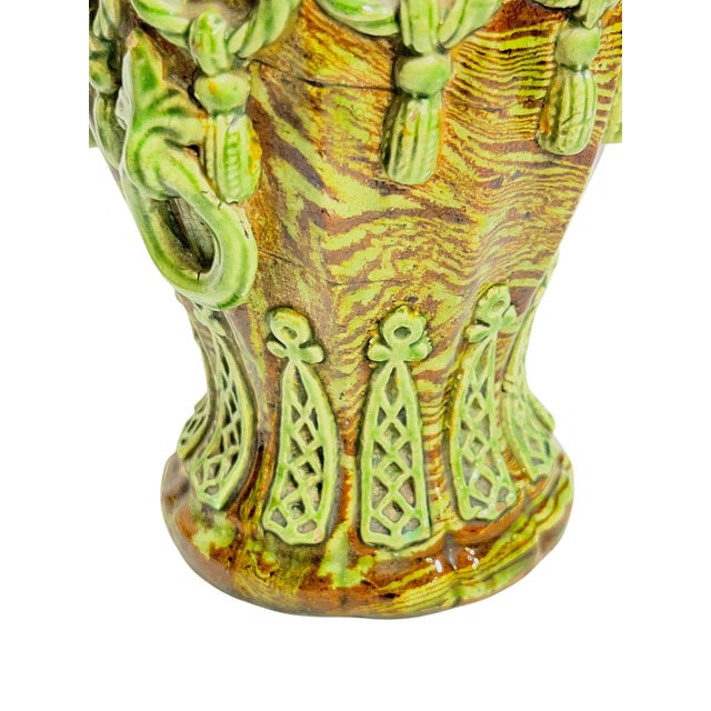 Pair Antique French Majolica Glazed Terracotta Jardinieres With Rope and Tassel Design For Sale - Image 13 of 17