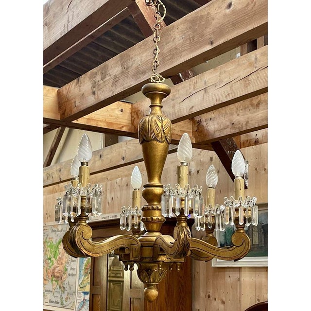 19th Century Gilded Wood Chandelier with Crystal Drops For Sale - Image 3 of 18