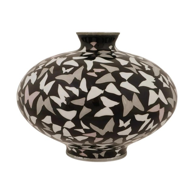 Japanese Signed Japanese Cloisonne Enamel Black Ground Butterfly Vase For Sale - Image 3 of 8