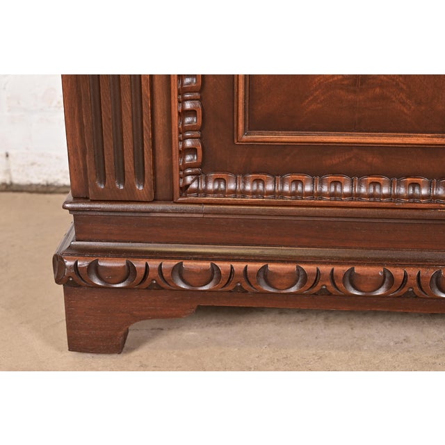 Berkey & Gay Antique English Tudor Carved Walnut and Burl Wood Bar Cabinet, Newly Refinished For Sale - Image 11 of 15