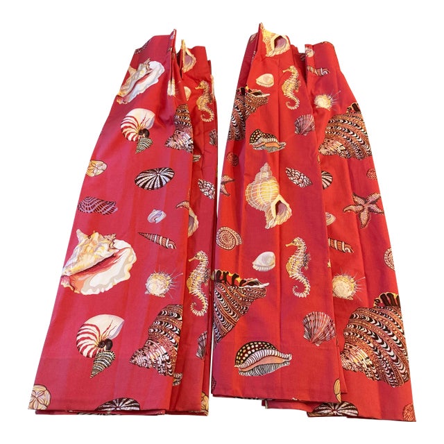 Vintage Terry Knipschild Shell Print Pinch-Pleat Drapery Panels, a Set of 4 For Sale