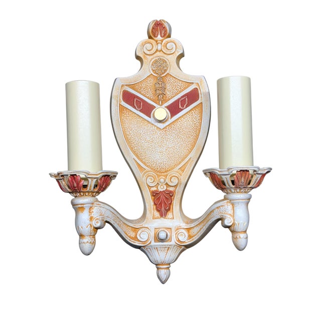 American 1920s Wall Sconces Ivory Cream White and Red With Gold Colored Highlights Two Light Candle Sconces Restored - Set of 4 For Sale - Image 3 of 13