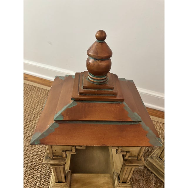Vintage Asian-Inspired Pagoda Lantern Stands With Distressed Finish and Faux Verdi Gris Copper Roofs, a Pair For Sale - Image 10 of 11